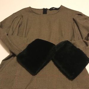 Zara plaid peplum top with faux fur sleeves